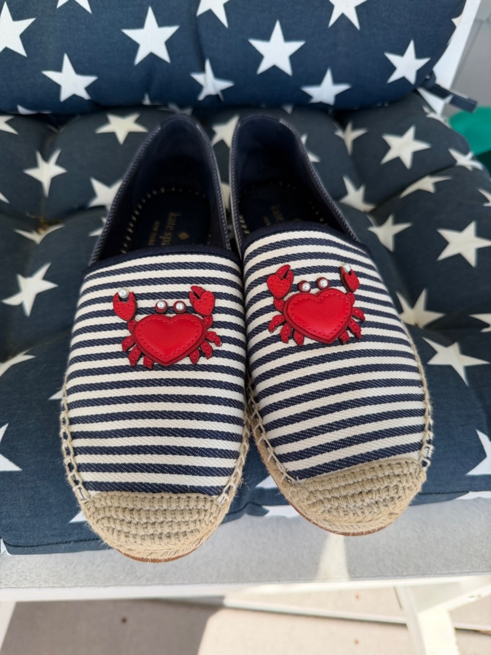 kate spade Navy and White Striped Slip-On Flats with Red Crab Embellishments
